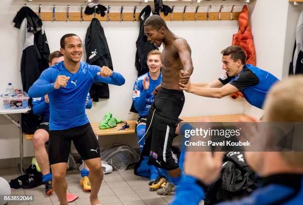 Nikolai Alho & Aboubakar Keita of Halmstad BK celebrates after the victory during during the Allsvenskan match between Orebro SK and Halmstad BK at...