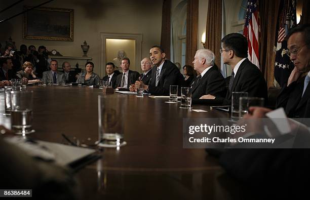 President Barack Obama makes a statement to the news media after conducting his first cabinet meeting at the White House April 20, 2009 in...