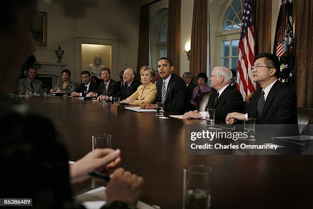 President Barack Obama makes a statement to the news media after conducting his first cabinet meeting at the White House April 20, 2009 in...