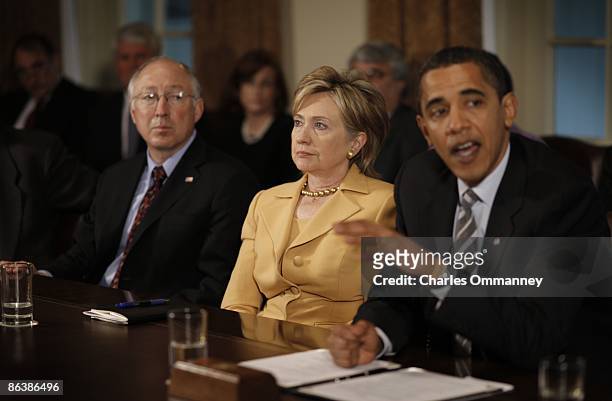 President Barack Obama makes a statement to the news media after conducting his first cabinet meeting at the White House April 20, 2009 in...