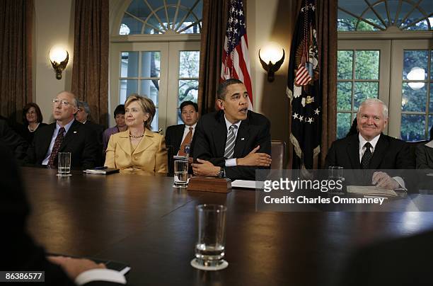 President Barack Obama makes a statement to the news media after conducting his first cabinet meeting at the White House April 20, 2009 in...