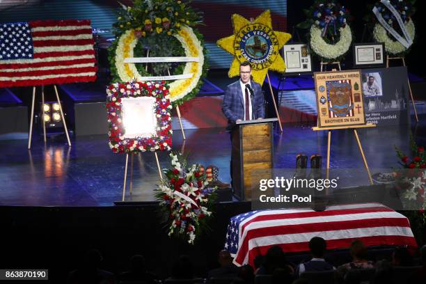 Pastor Jud Wilhite speaks during a funeral for Las Vegas police officer Charleston Hartfield, October 20, 2017 in Henderson, Nevada. Hartfield was...