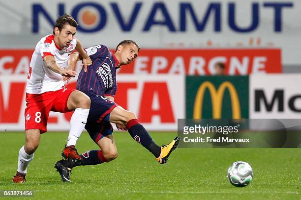 Joffrey Cuffaut of Nancy and Vincent Marchetti of Nancy and Remy Dugimont of Clermont during the Ligue 2 match between Nancy and Clermont on October...