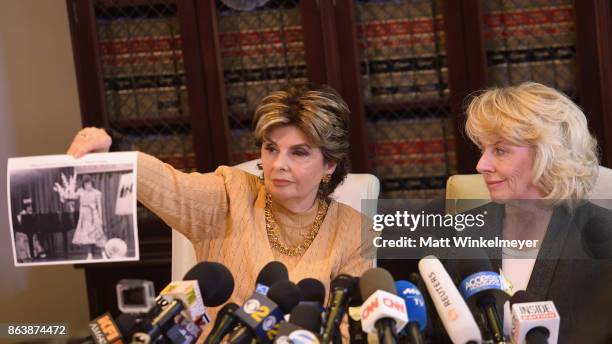 Attorney Gloria Allred and her client Heather Kerr speak during a press conference regarding the sexual assault allegations that have been brought...