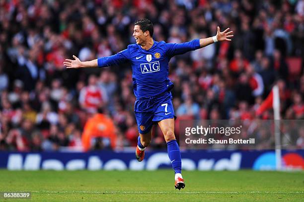 Cristiano Ronaldo of Manchester United celebrates scoring the second goal of the game during the UEFA Champions League Semi Final Second Leg match...