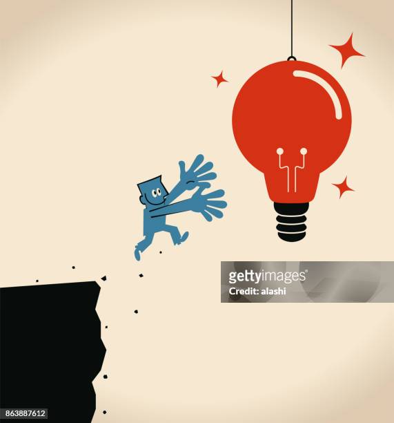 stockillustraties, clipart, cartoons en iconen met zakenman springen van rots (abyss) voor een grote hangende lamp idee - crag