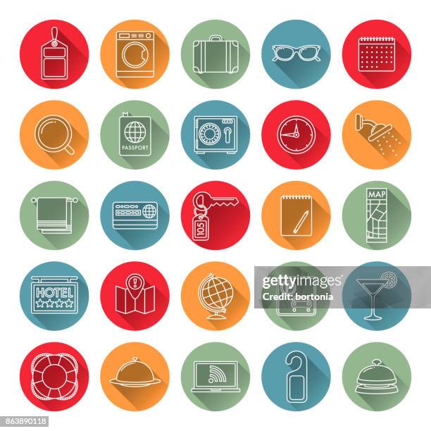 set of thin line hotel icons with side shadow - hotel key stock illustrations