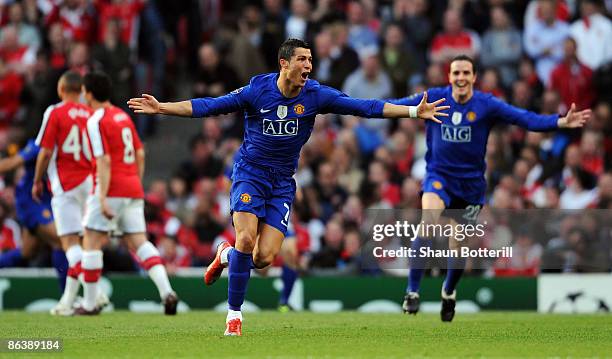 Cristiano Ronaldo of Manchester United celebrates scoring the second goal of the game during the UEFA Champions League Semi Final Second Leg match...