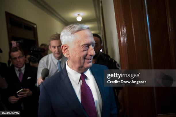 Defense Secretary James Mattis arrives on Capitol Hill to meet with Senators John McCain and Lindsey Graham , October 20, 2017 in Washington, DC....