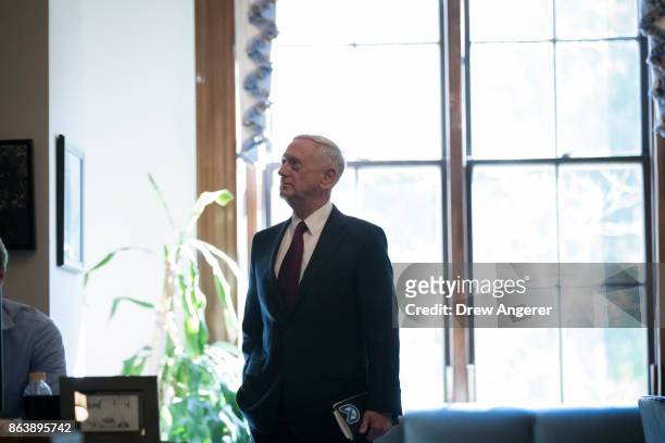 Defense Secretary James Mattis arrives at the office of Sen. John McCain on Capitol Hill to meet with Senators John McCain and Lindsey Graham ,...