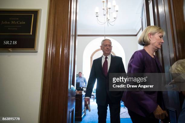 Defense Secretary James Mattis arrives at the office of Sen. John McCain on Capitol Hill to meet with Senators John McCain and Lindsey Graham ,...
