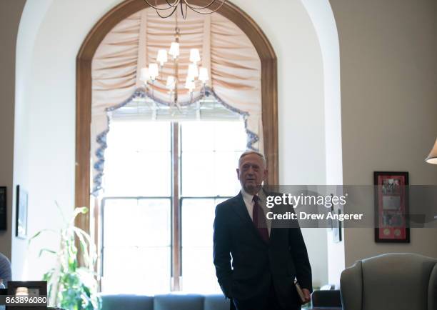 Defense Secretary James Mattis arrives at the office of Sen. John McCain on Capitol Hill to meet with Senators John McCain and Lindsey Graham ,...