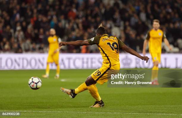 Jose Izquierdo of Brighton and Hove Albion scores their second goal during the Premier League match between West Ham United and Brighton and Hove...