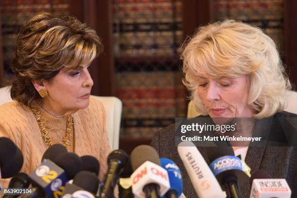 Attorney Gloria Allred and her client Heather Kerr speak during a press conference regarding the sexual assault allegations that have been brought...