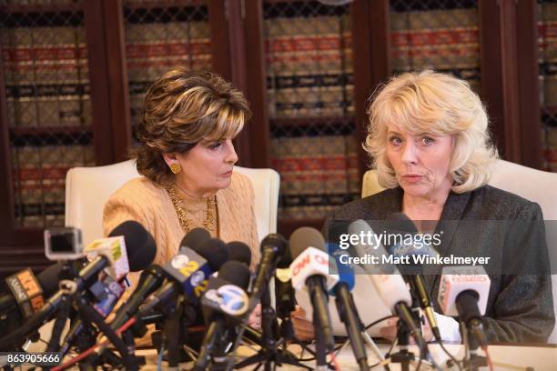 Attorney Gloria Allred and her client Heather Kerr speak during a press conference regarding the sexual assault allegations that have been brought...