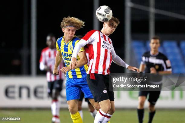 Nikki Baggerman of RKC Waalwijk, Matthias Verreth of PSV U23 during the Dutch Jupiler League match between PSV U23 v RKC Waalwijk at the de Herdgang...