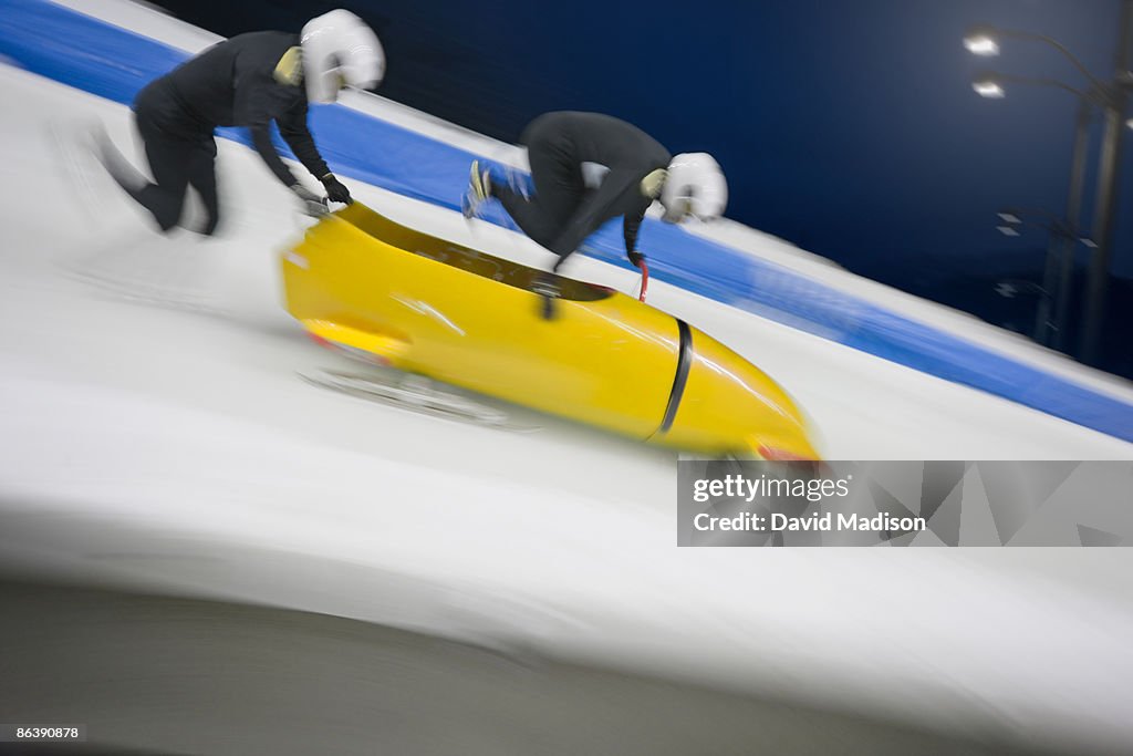 Bobsled competition start.