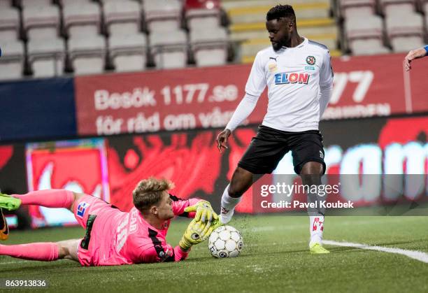 Malkolm Nilsson, goalkeeper of Halmstad BK & Maic Sema of Orebro SKduring the Allsvenskan match between Orebro SK and Halmstad BK at Behrn Arena on...