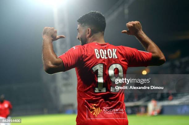 Umut Bozok of Nimes celebrates his third goal during the Ligue 2 match between Nimes Olympique and Brest on October 20, 2017 in Nimes, France.