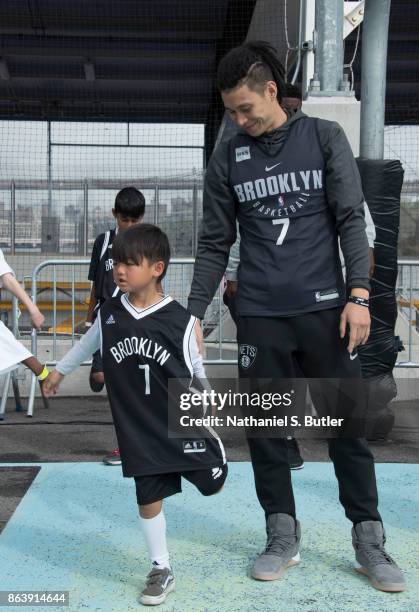 Jeremy Lin of the Brooklyn Nets participates in the Practice in the Park on October 14, 2017 at Brooklyn Bridge Park in Brooklyn, New York. NOTE TO...