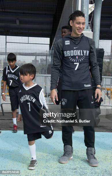 Jeremy Lin of the Brooklyn Nets participates in the Practice in the Park on October 14, 2017 at Brooklyn Bridge Park in Brooklyn, New York. NOTE TO...