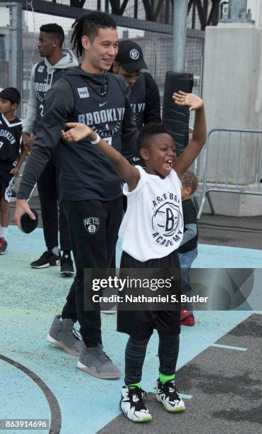 Jeremy Lin of the Brooklyn Nets participates in the Practice in the Park on October 14, 2017 at Brooklyn Bridge Park in Brooklyn, New York. NOTE TO...