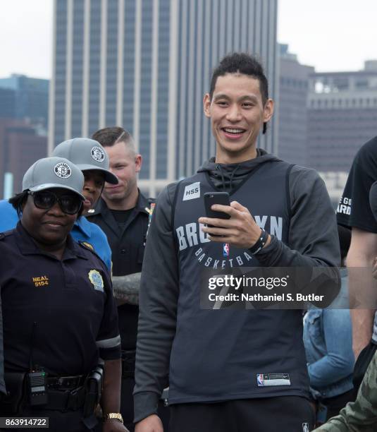 Jeremy Lin of the Brooklyn Nets participates in the Practice in the Park on October 14, 2017 at Brooklyn Bridge Park in Brooklyn, New York. NOTE TO...