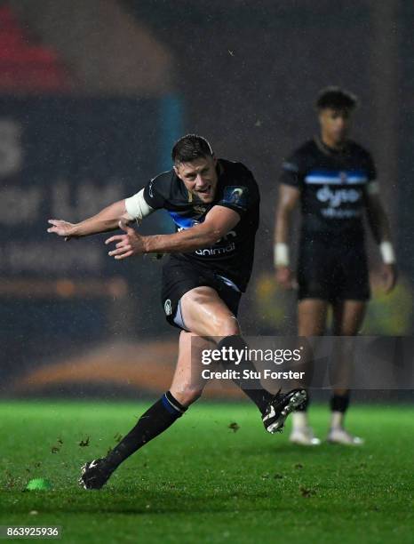 Bath player Rhys Priestland kicks a penalty during the European Rugby Champions Cup match between Scarlets and Bath Rugby at Parc y Scarlets on...