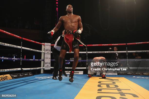 Michael "Venom" Page celebrates beating Jonathan Castano in the Cruiserweight fight during the Hayemaker Ringstar Fight Night at O2 Indigo on October...