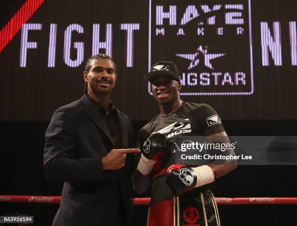 David Haye and Michael "Venom" Page after he beats Jonathan Castano in the Cruiserweight fight during the Hayemaker Ringstar Fight Night at O2 Indigo...