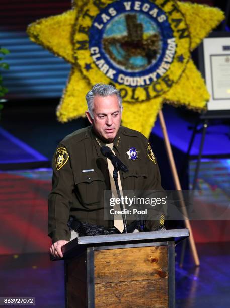 Sheriff Joseph Lombardo of the Las Vegas police department speaks during a funeral for Las Vegas police officer Charleston Hartfield, October 20,...