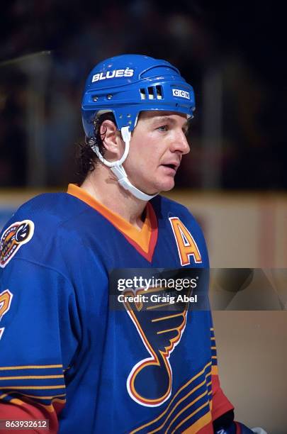 Al MacInnis of the St. Louis Blues skates against the Toronto Maple Leafs during NHL game action on November 28, 1995 at Maple Leaf Gardens in...