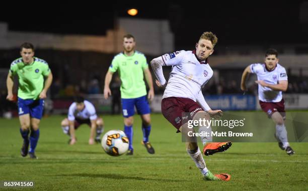 Limerick , Ireland - 20 October 2017; Eoin McCormack of Galway United scores from a penalty during the SSE Airtricity League Premier Division match...