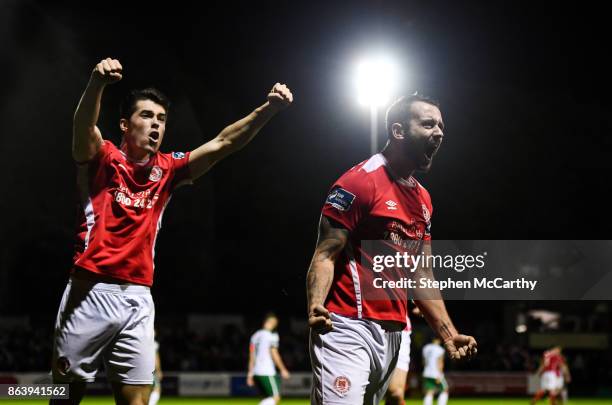 Dublin , Ireland - 20 October 2017; Kurtis Byrne, right, celebrates after scoring his side's fourth goal with his St Patrick's Athletic team-mate Lee...