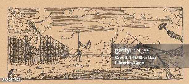 Cartoon from the Russian satirical journal Miting depicting an army of whips, one with a spear, one carrying a flag with a skull and crossbones on...