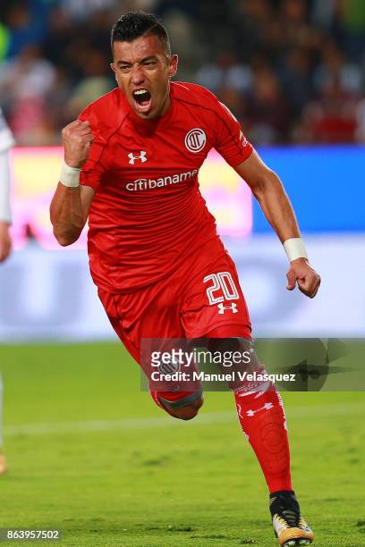 Fernando Uribe of Toluca celebrates after scoring the first goal of his team during the 10th round match between Pachuca and Toluca as part of the...