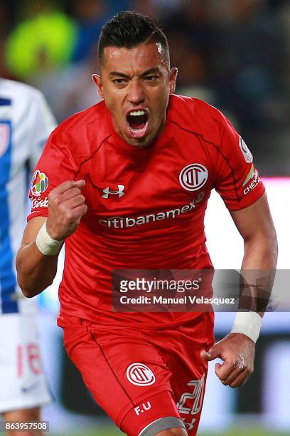 Fernando Uribe of Toluca celebrates after scoring the first goal of his team during the 10th round match between Pachuca and Toluca as part of the...