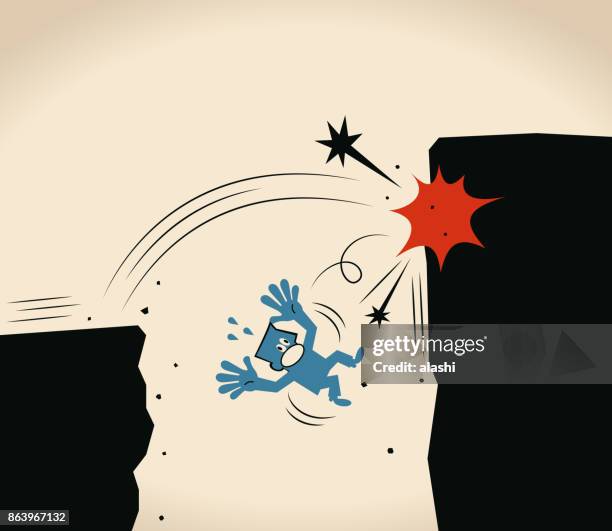 over-confident, businessman jumping off cliff (abyss) for higher level but failing - out of business stock illustrations