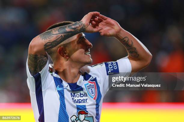 Victor Guzman of Pachuca celebrates after scoring the second goal of his team during the 10th round match between Pachuca and Toluca as part of the...