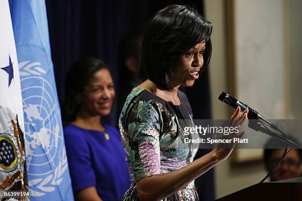 First Lady Michelle Obama appears at the United States Mission to the United Nations with U.S. Ambassador to the UN Dr. Susan Rice on May 5, 2009 in...