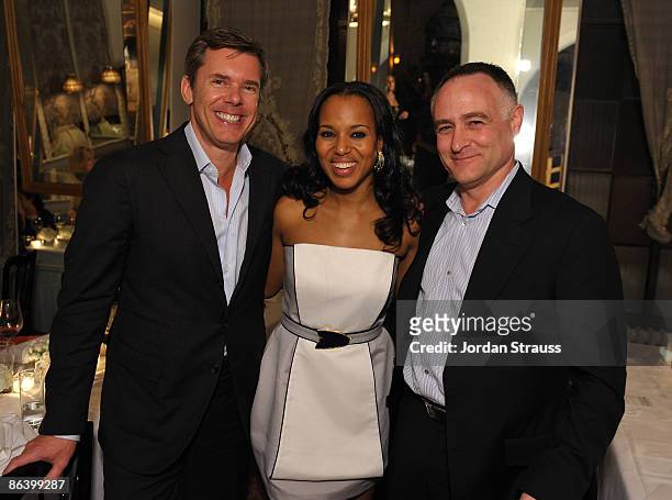Cole Haan CEO Jim Seuss, Kerry Washington and Cole Haan CMO Michael Capiraso attend the Cole Haan Dinner for Maria Sharapova at Chateau Marmont on...