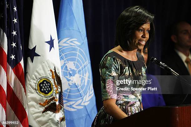 First Lady Michelle Obama appears at the United States Mission to the United Nations on May 5, 2009 in New York City. Obama will also be speaking...