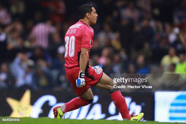 Rodolfo Cota of Chivas celebrates the first goal of his team during the 10th round match between America and Chivas as part of the Torneo Apertura...