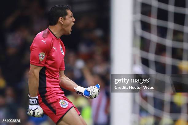 Rodolfo Cota of Chivas celebrates the first goal of his team during the 10th round match between America and Chivas as part of the Torneo Apertura...