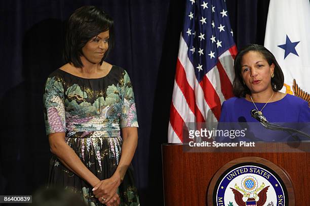 First Lady Michelle Obama appears at the United States Mission to the United Nations with US Ambassador to the UN Dr. Susan Rice on May 5, 2009 in...