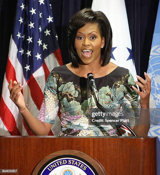 First Lady Michelle Obama appears at the United States Mission to the United Nations on May 5, 2009 in New York City. Obama will also be speaking...