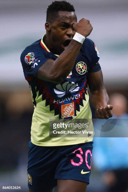 Alex Mina of America celebrates after scoring the second goal of his team during the 10th round match between America and Chivas as part of the...