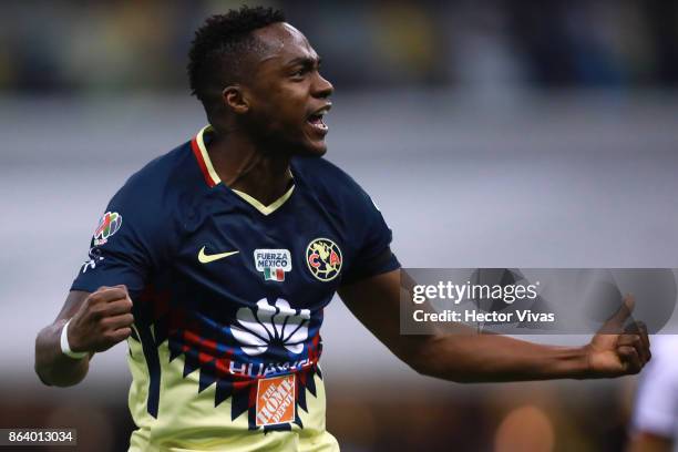 Alex Mina of America celebrates after scoring the second goal of his team during the 10th round match between America and Chivas as part of the...