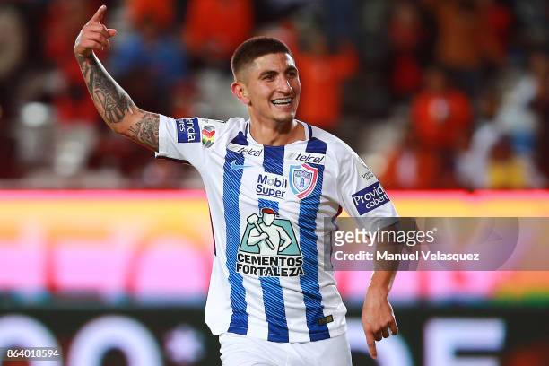 Victor Guzman of Pachuca celebrates after scoring the second goal of his team during the 10th round match between Pachuca and Toluca as part of the...