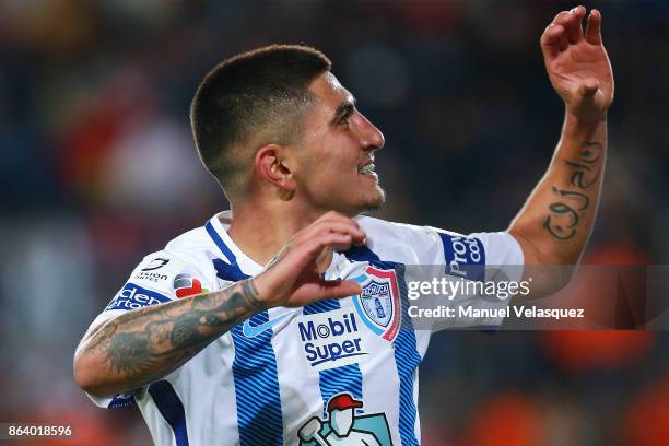 Victor Guzman of Pachuca celebrates his goal during the 10th round match between Pachuca and Toluca as part of the Torneo Apertura 2017 Liga MX at...